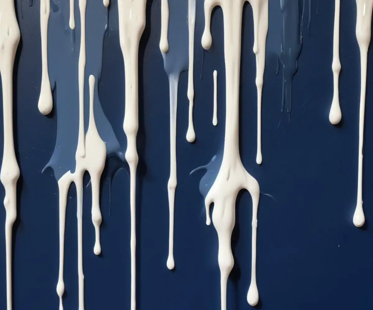 Close-up of thick, white paint drips running down a dark blue painted wall, creating a textured, uneven surface.