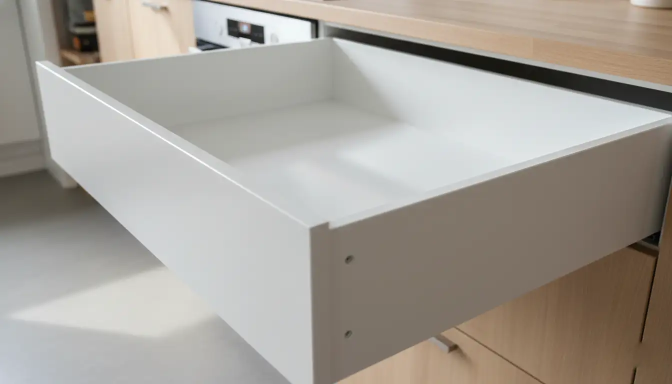 The inside of a kitchen drawer painted a clean, bright white.