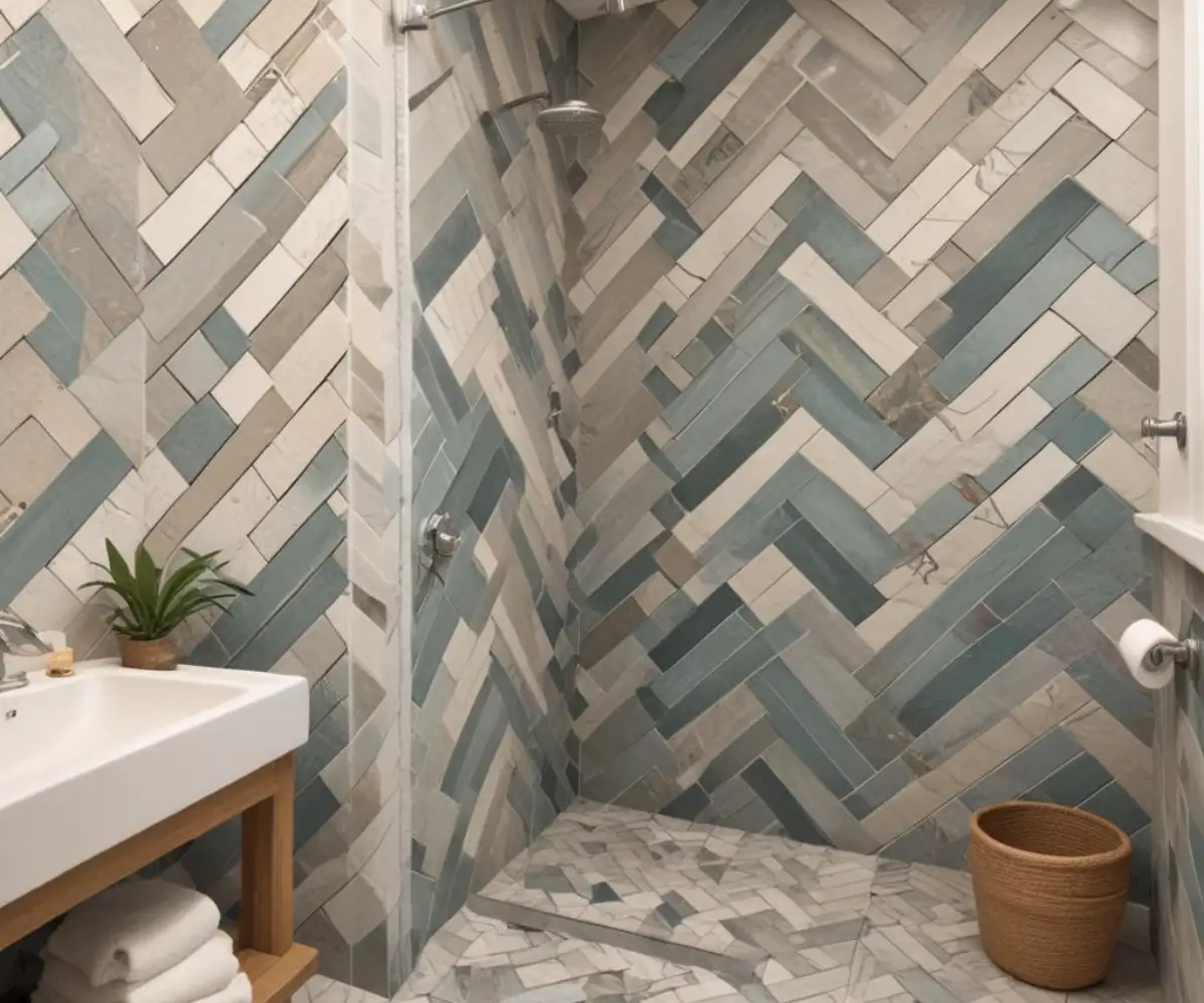 Interlocking waterproof wall tiles in a herringbone pattern installed on a shower wall.