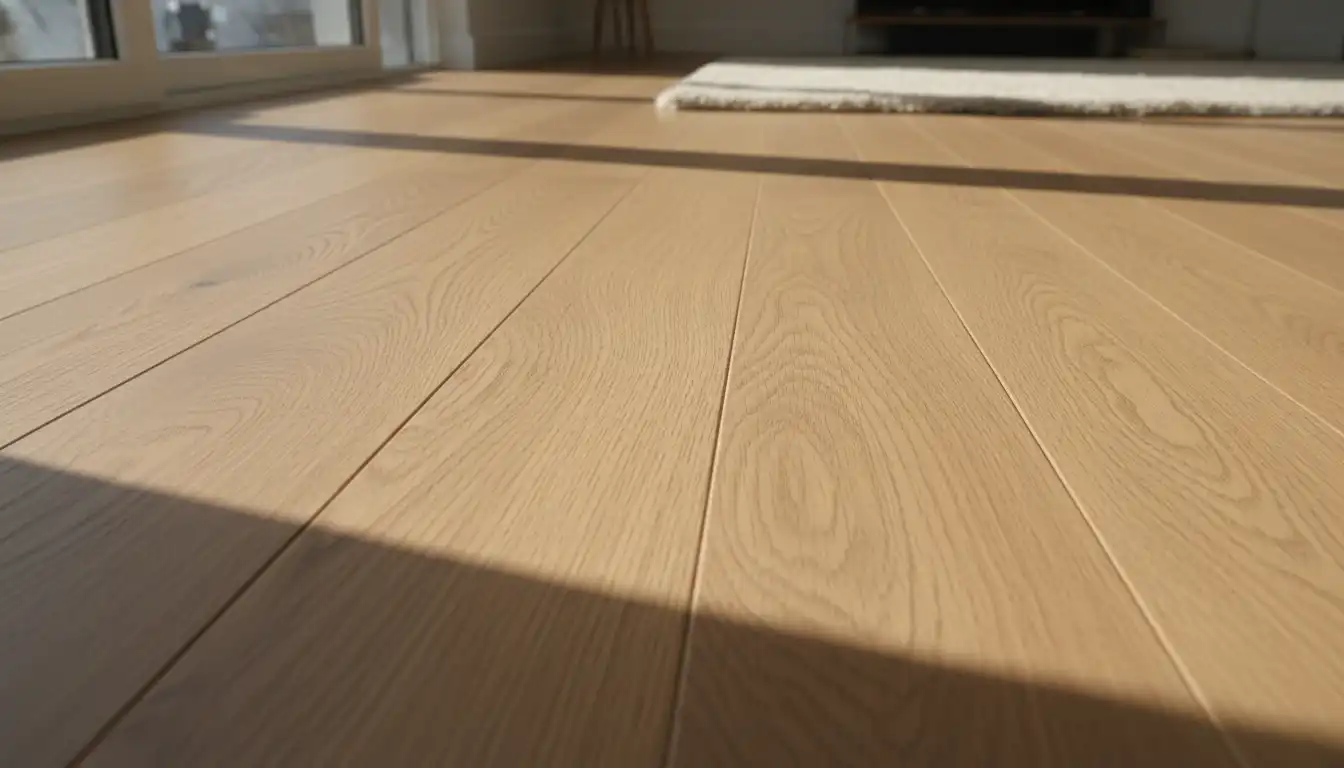 Close-up of textured light brown hardwood flooring planks installed in a well-lit interior room.