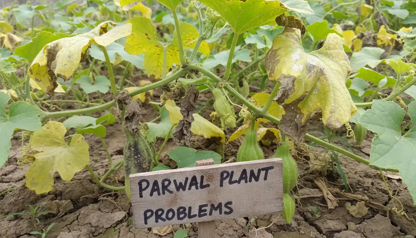 A vibrant green parwal plant vine with broad, heart-shaped leaves climbing a wooden trellis, with several small, striped, pointed gourds visible among the foliage.