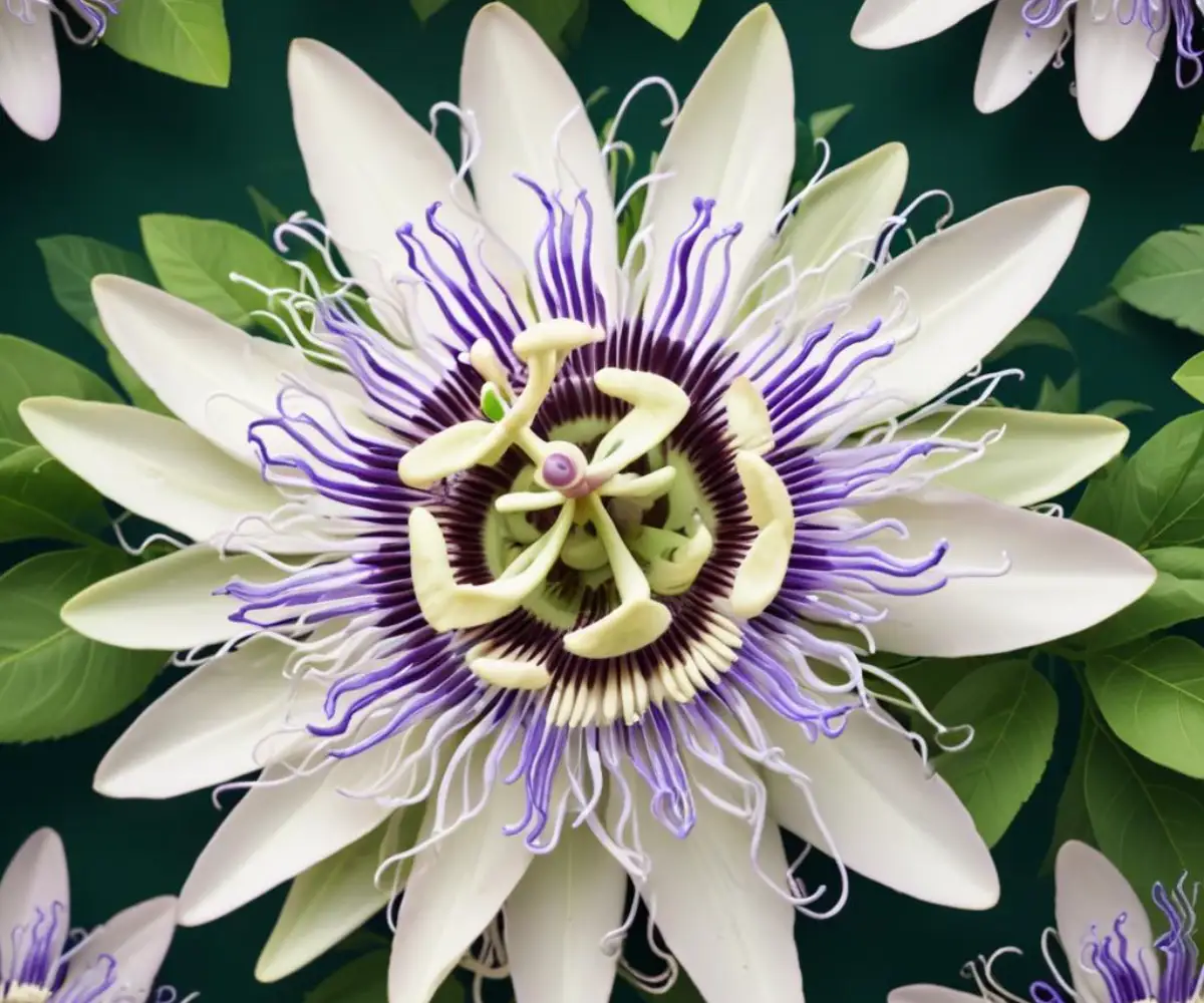 A closeup of a purple and white passion flower blossom with intricate filaments against a backdrop of green leaves.