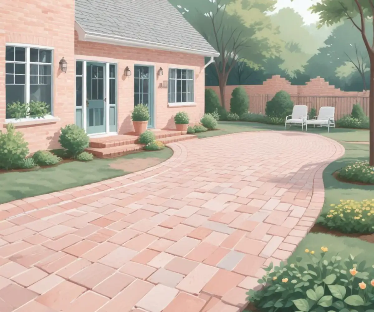 A brick paver patio with a complex, two-directional slope designed to channel rainwater away from the house foundation and towards a designated drainage area.