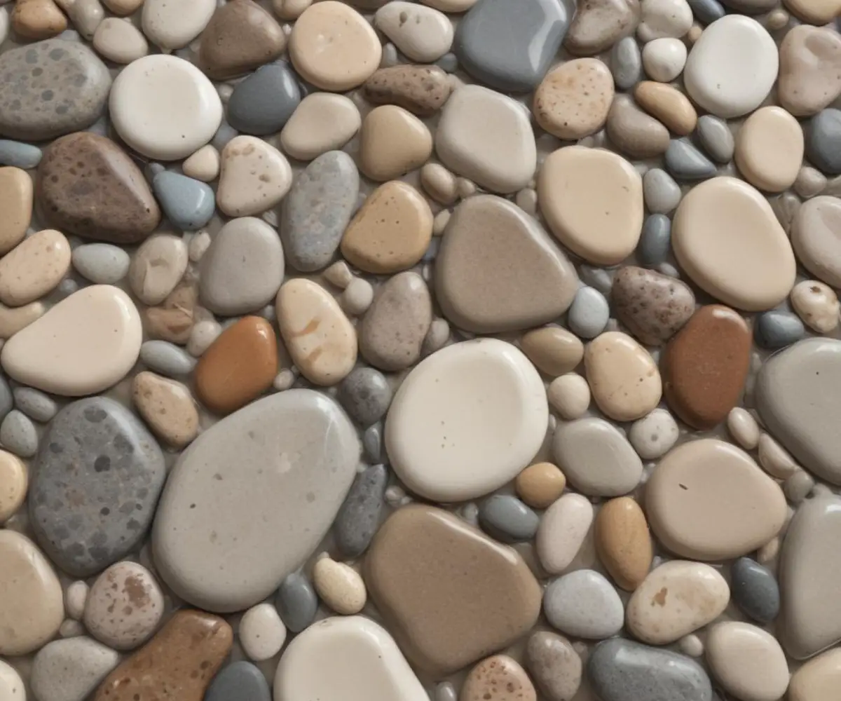 A close-up of a seamless pebble stone shower floor, with various shades of smooth, rounded gray and beige river rocks set in a glossy, clear epoxy resin.