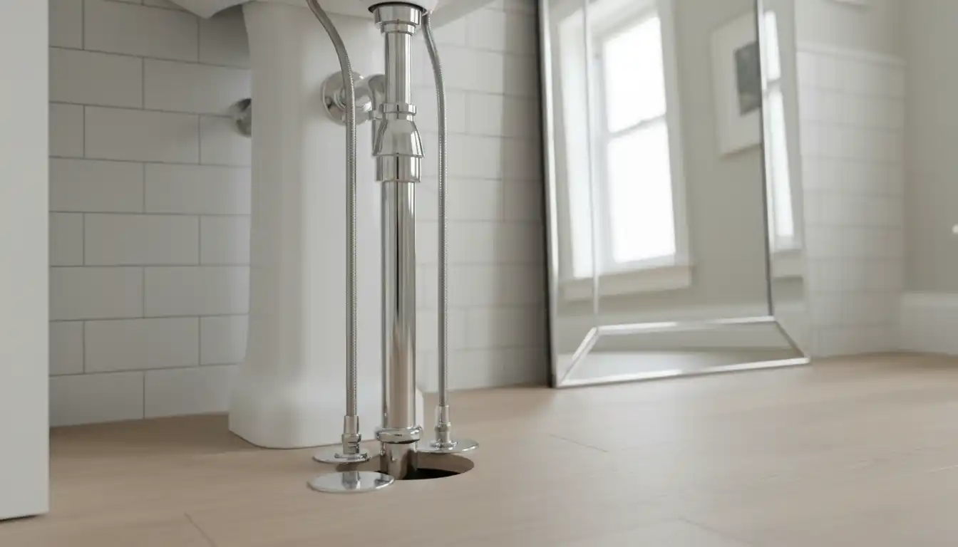 Exposed chrome P-trap and water supply lines for a pedestal sink extending through a white tiled floor.