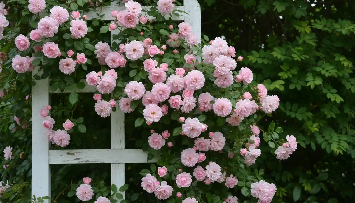 Clusters of small, pink Peggy Martin roses climbing on a white garden trellis against a backdrop of green leaves.