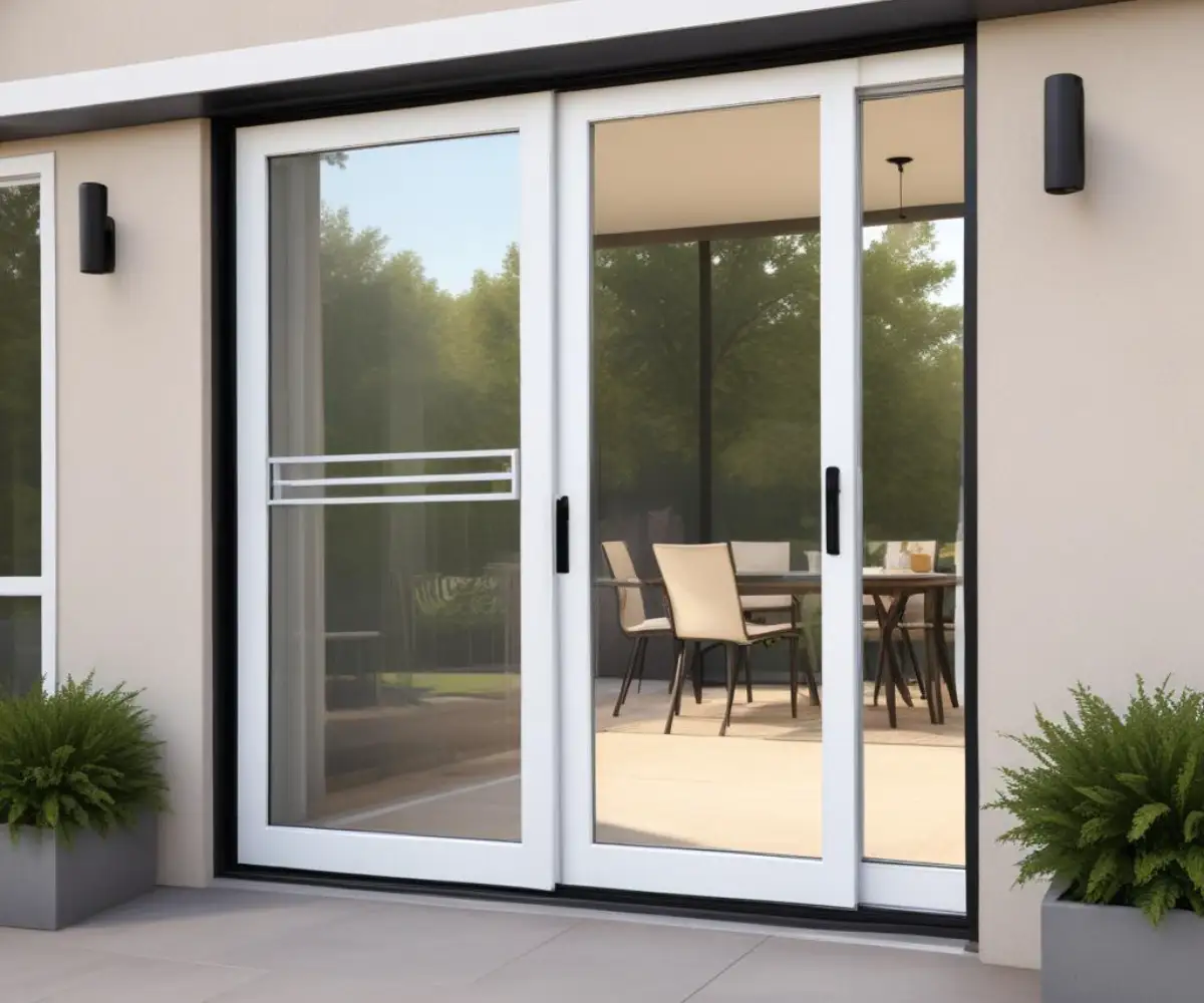 A white vinyl sliding glass patio door with a black handle, set against a neutral-colored exterior wall of a home.