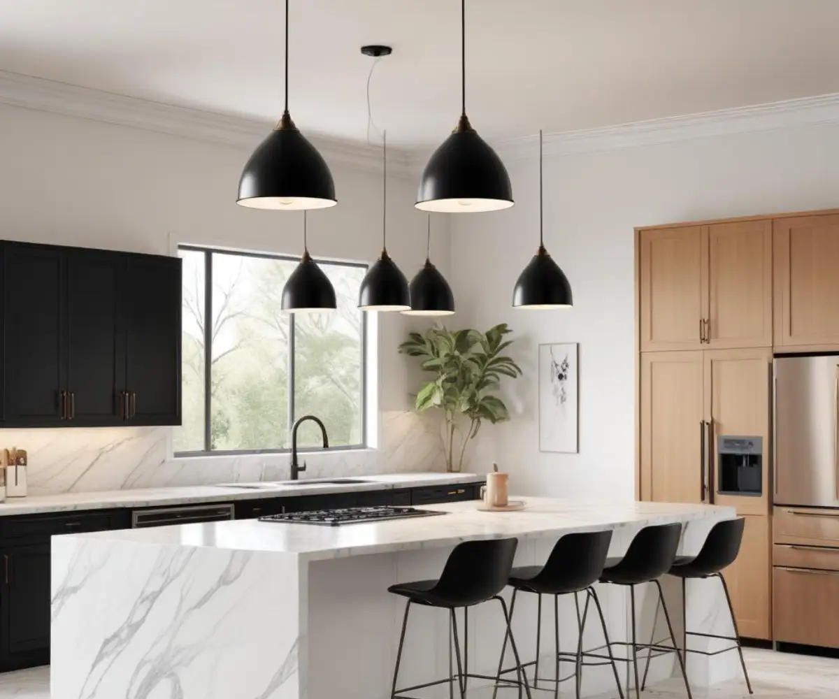 Three modern, black, dome-shaped pendant lights hanging in a row over a white marble kitchen island in a room with a standard-height ceiling.