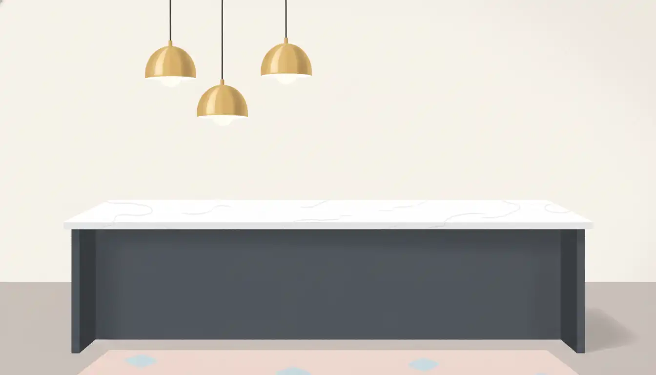 Three brass pendant lights hanging asymmetrically over a dark gray kitchen island with a white countertop.