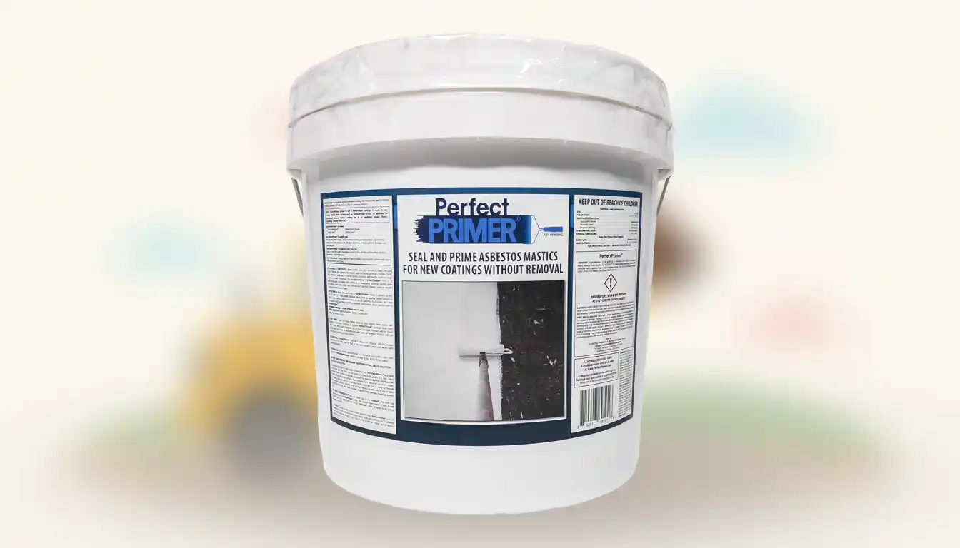 A can of light gray primer sitting on a clean concrete floor next to a paint roller with a long handle.