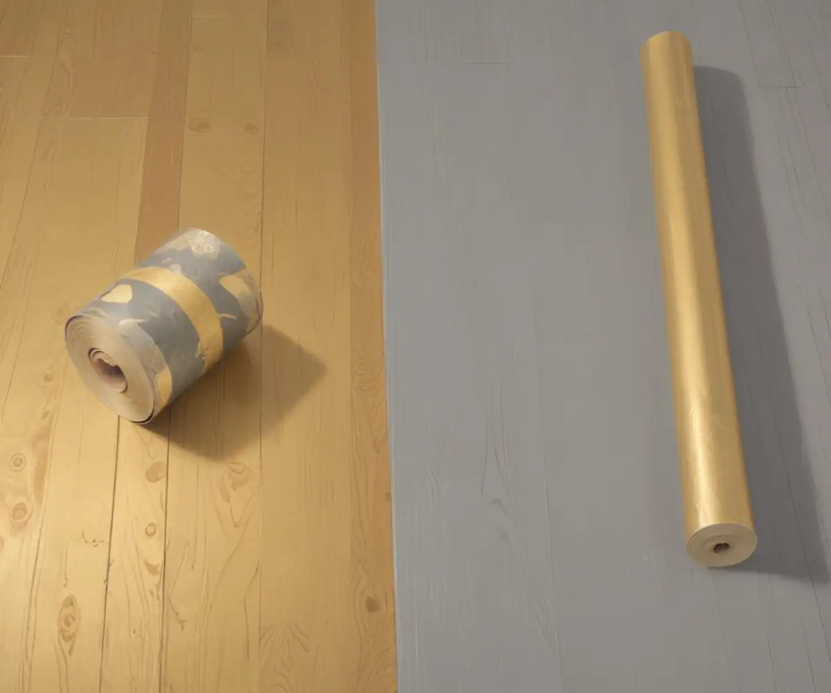 A side-by-side comparison of a roll of gold-colored Pergo underlayment and a roll of gray QuietWalk underlayment on a plywood subfloor.