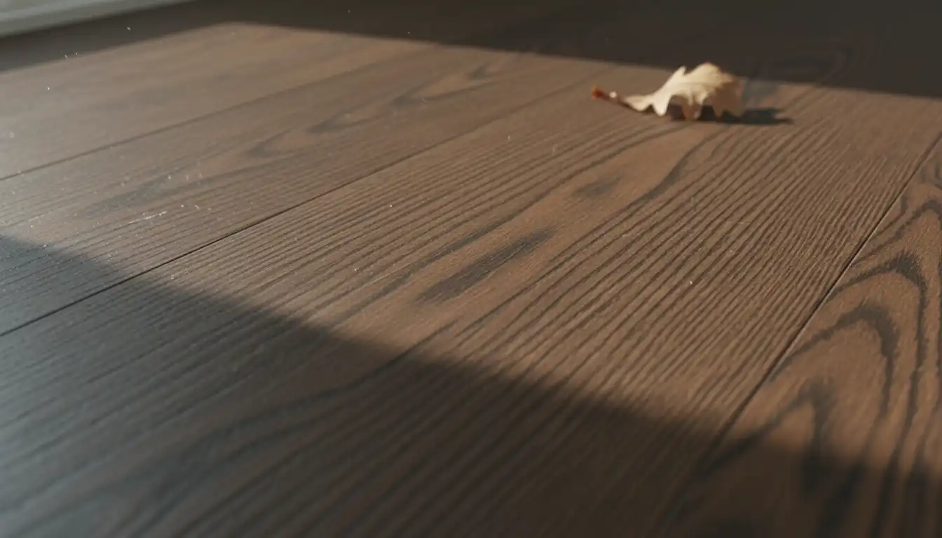 Close-up of textured, medium-dark handscraped laminate flooring planks with a prominent wood grain pattern.