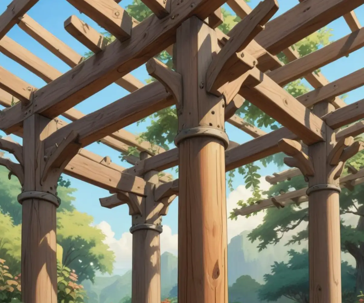 A close-up view of the sturdy 6x6 wooden posts supporting the roof of a garden pergola.