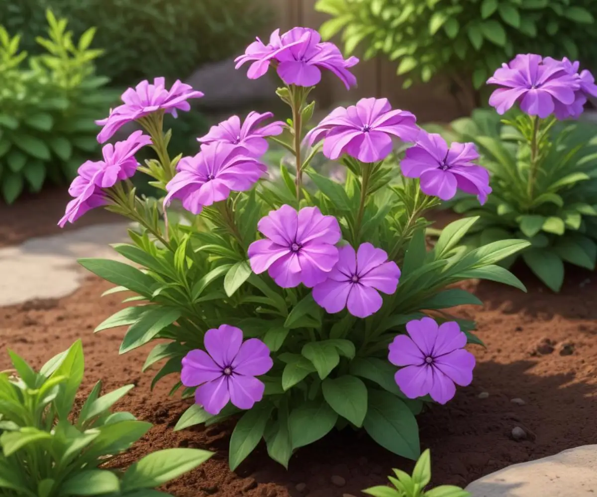 A newly transplanted phlox plant in a garden bed showing signs of wilting leaves.