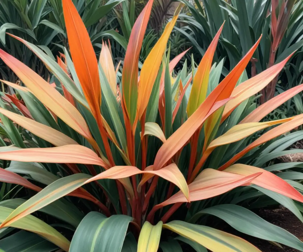 Colorful, sword-like leaves of a Phormium, or New Zealand Flax, plant growing in an outdoor garden bed.