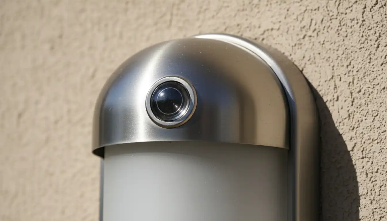 A close-up view of a small, round photocell sensor mounted on an outdoor light fixture against a neutral-colored wall.