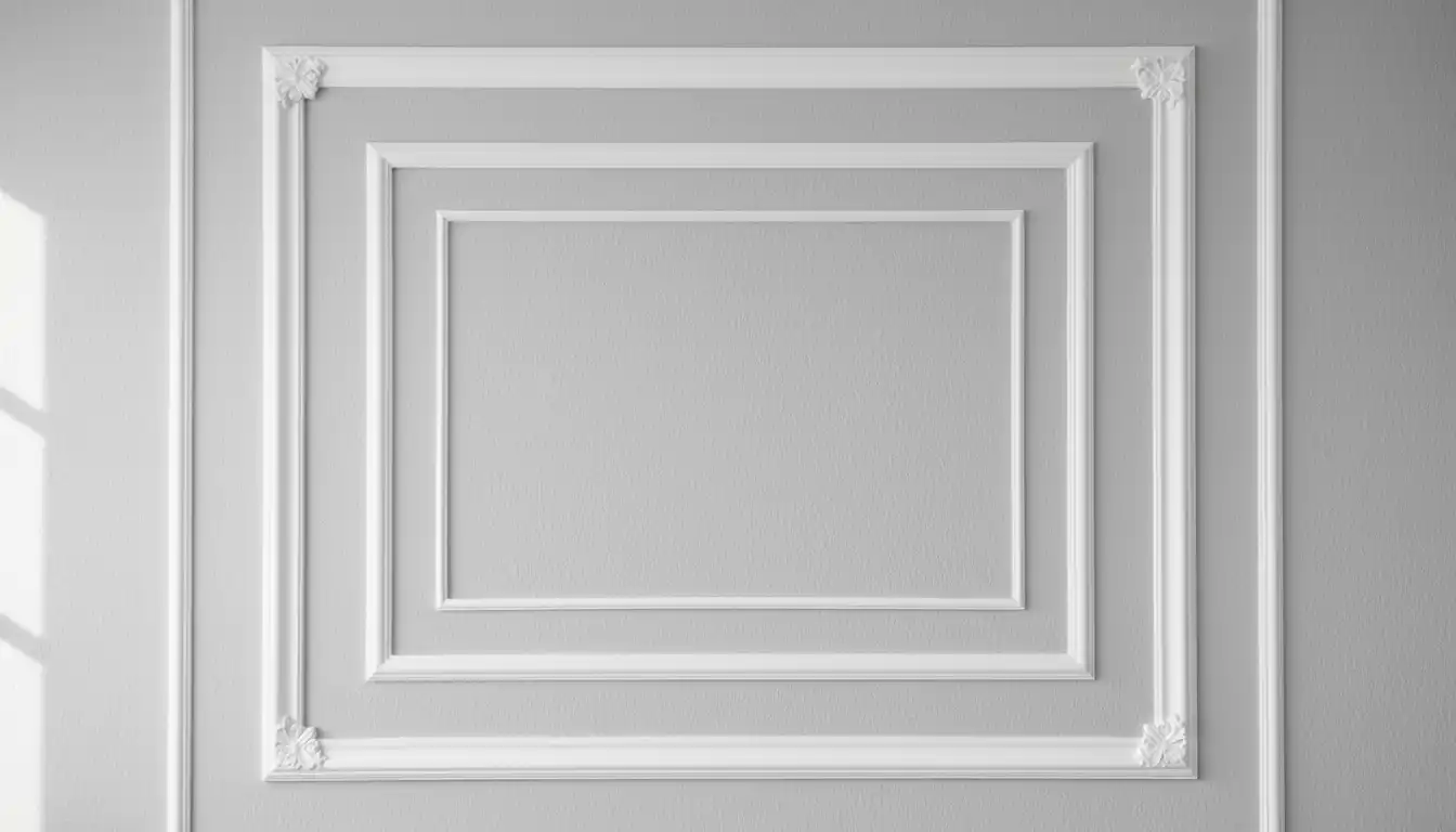 Decorative white picture frame molding in a rectangular pattern on a light gray textured wall.