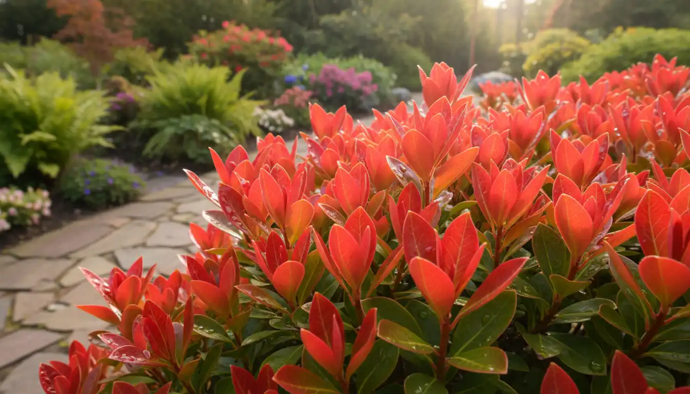 Vibrant red new leaves on a Pieris Mountain Fire shrub in a garden setting.