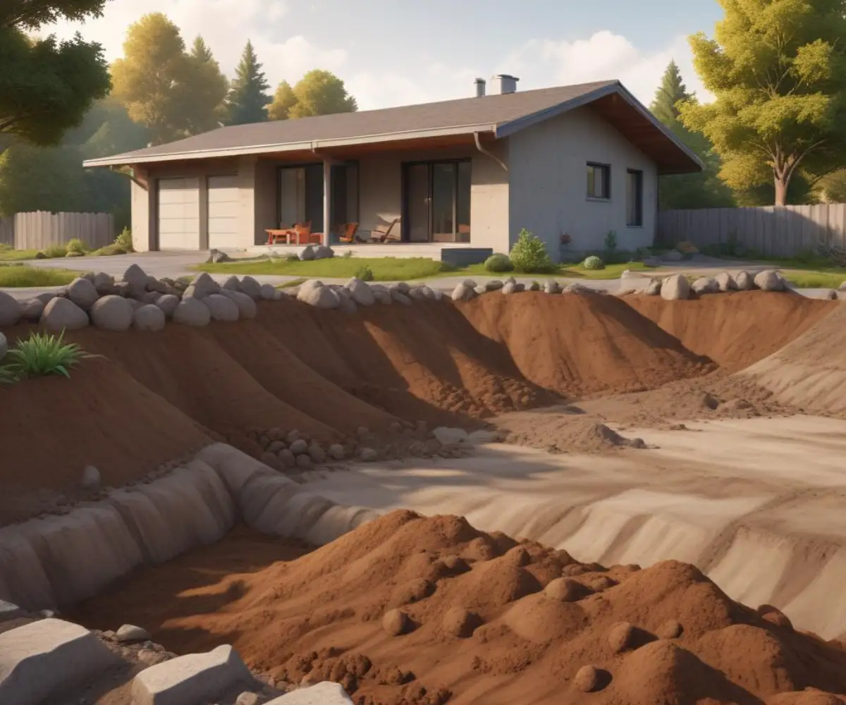 Mounds of loose soil accumulated at the base of a concrete house foundation.