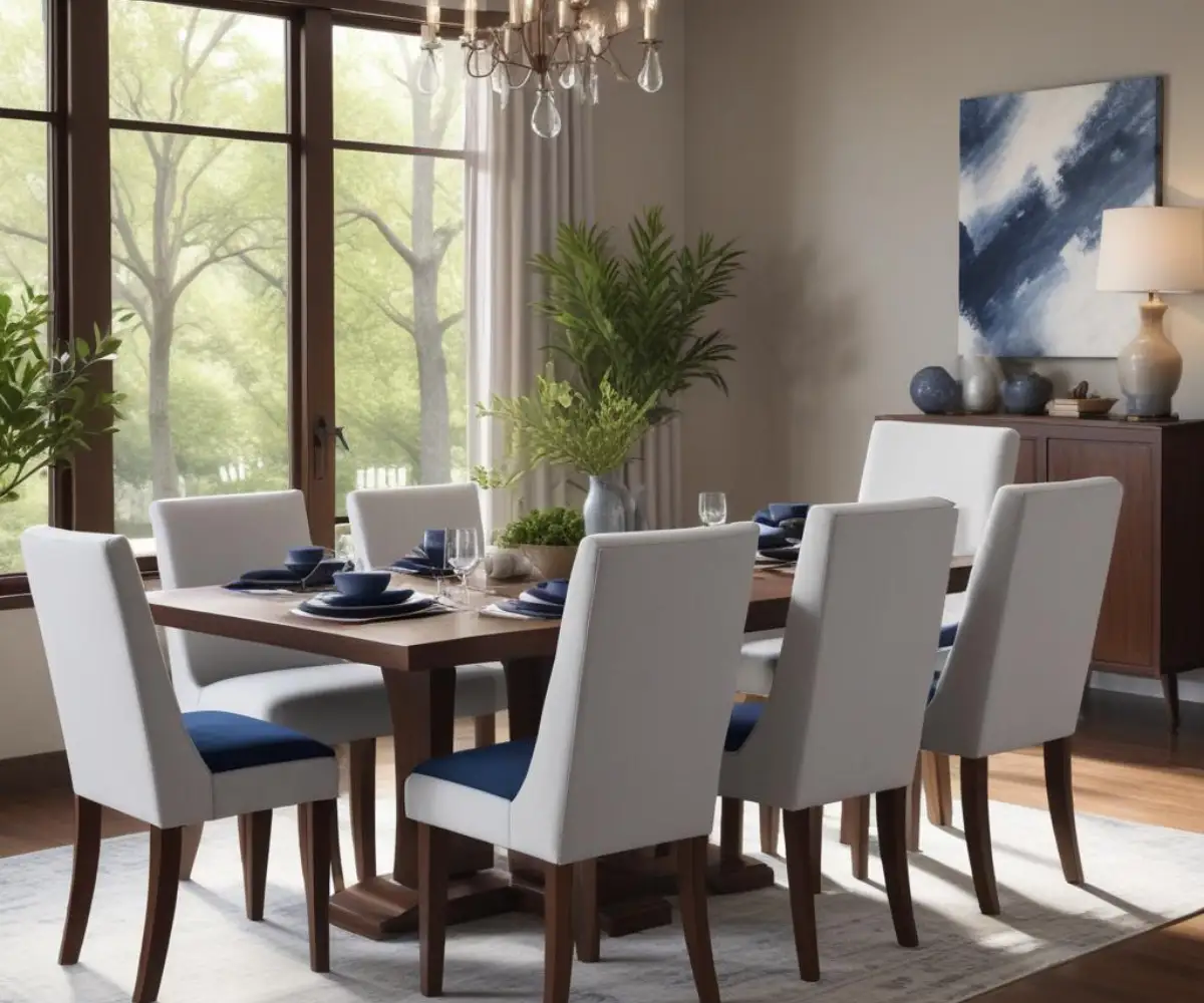 A set of light gray upholstered dining chairs with plush, square, navy blue pillows placed neatly on the seats around a dark wood dining table.