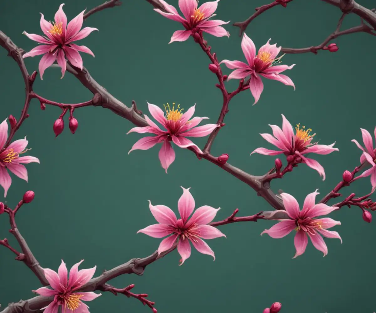 A close-up of a witch hazel branch with vibrant pink, strap-like flowers and dark green leaves.