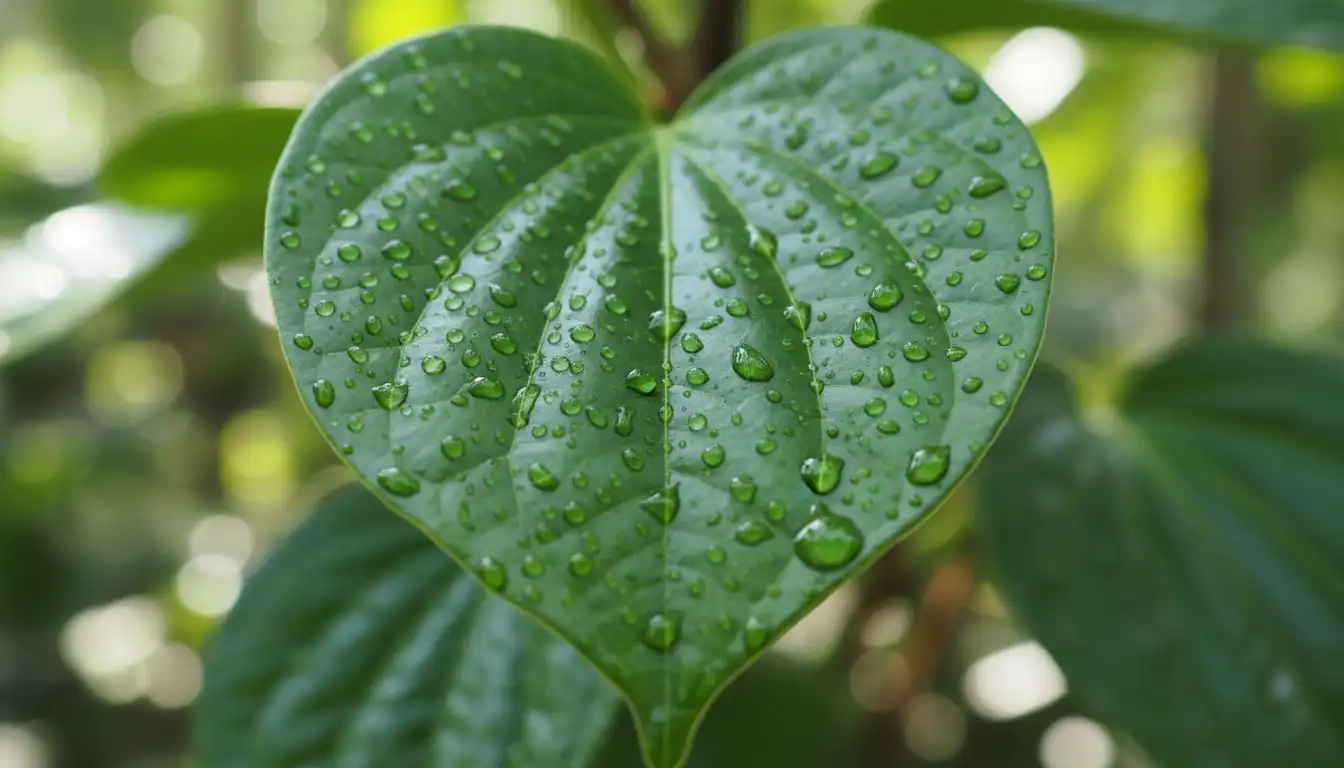 A close-up of a glossy, heart-shaped piper betel leaf showing small, clear droplets of sugary exudate on the underside.