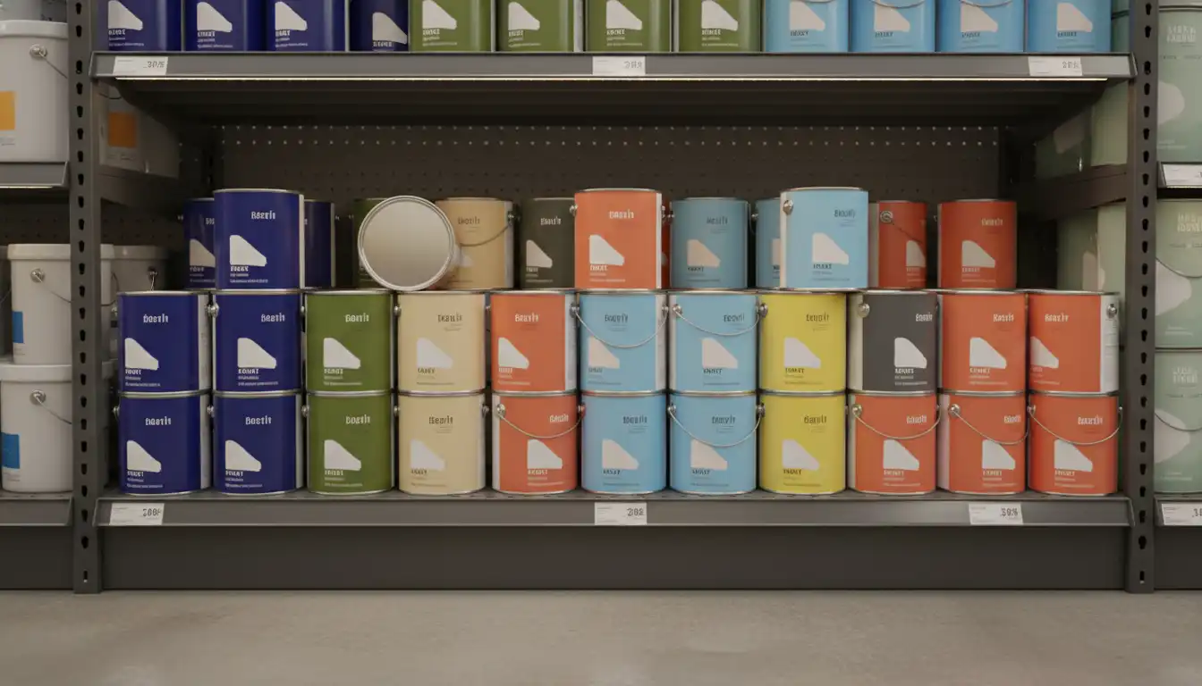 Several cans of interior paint in various colors stacked on a retail store shelf.