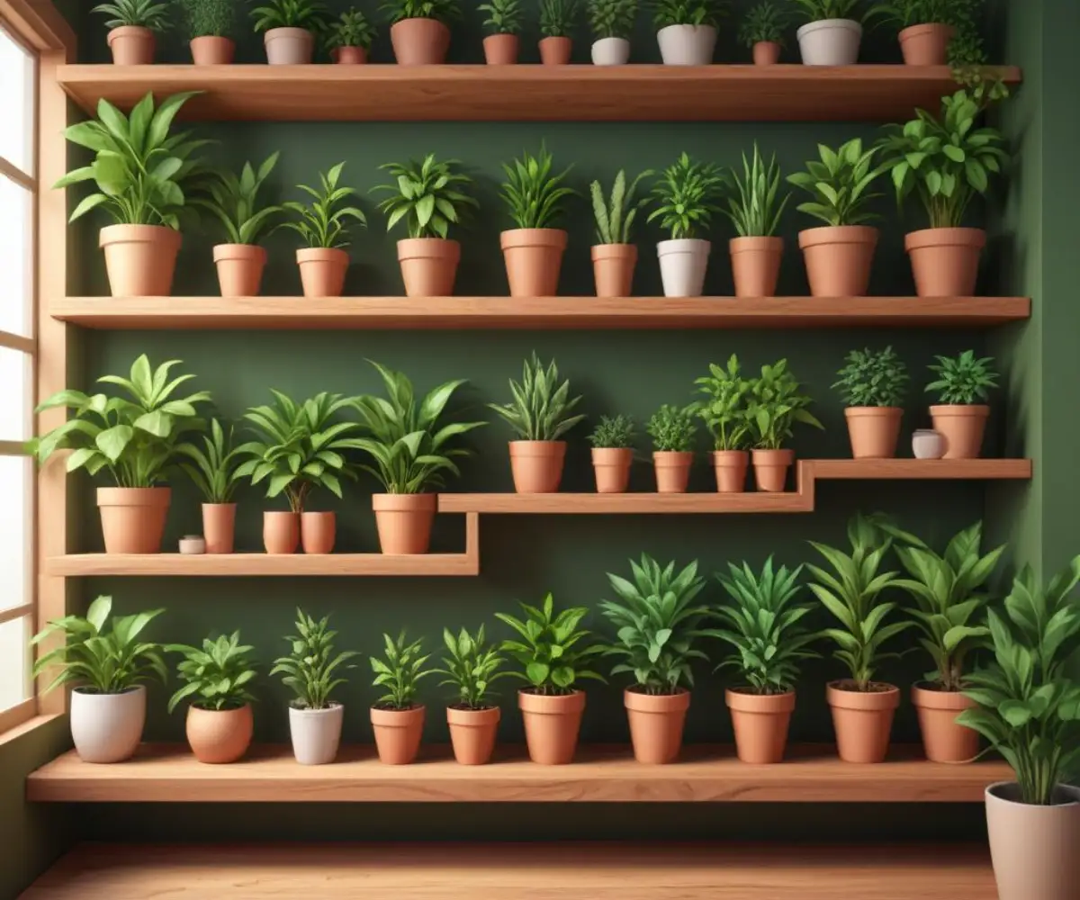 A variety of healthy, green potted plants arranged neatly on wooden shelves.