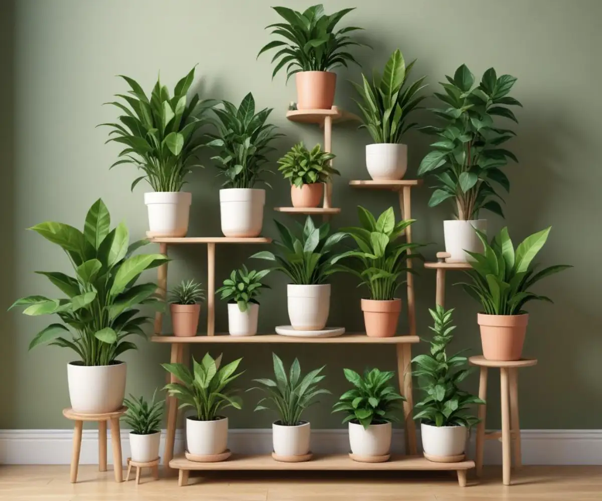 A variety of potted houseplants with different leaf shapes and shades of green on tiered wooden plant stands against a plain wall.