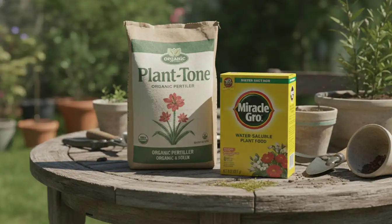 A bag of Plant Tone organic fertilizer placed next to a box of Miracle-Gro water-soluble plant food on a weathered wooden garden table.