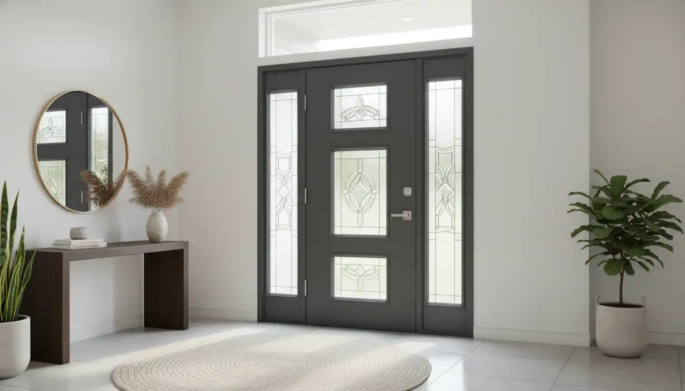 A modern fiberglass front entry door with decorative glass inserts set in a well-lit home entryway.