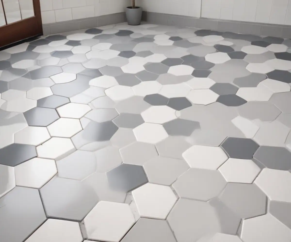 A close-up, side-by-side comparison of light platinum gray and medium delorean gray grout lines between white hexagonal tiles on a floor.
