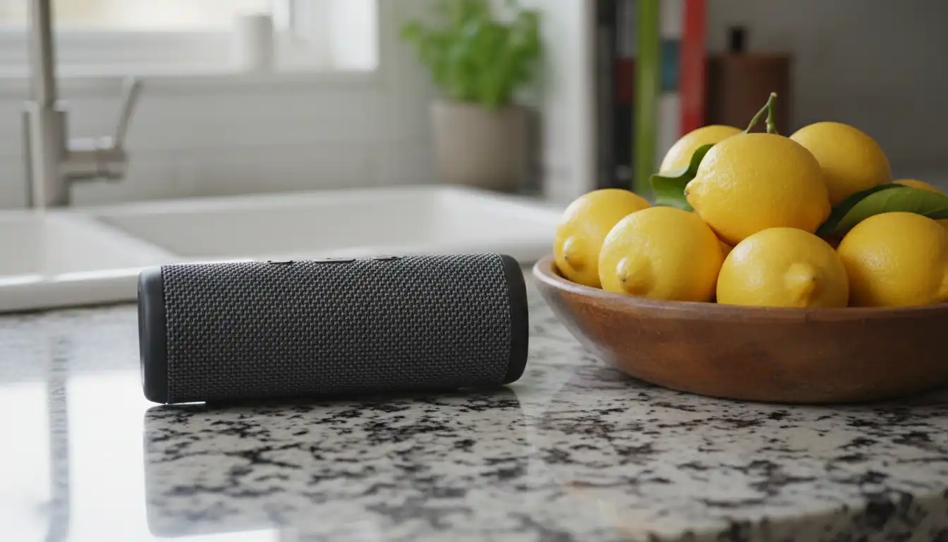 A portable bluetooth speaker on a granite kitchen countertop next to a bowl of fresh lemons.