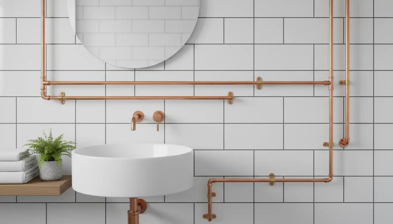 Newly installed white subway tiles on a bathroom wall with exposed copper plumbing pipes.