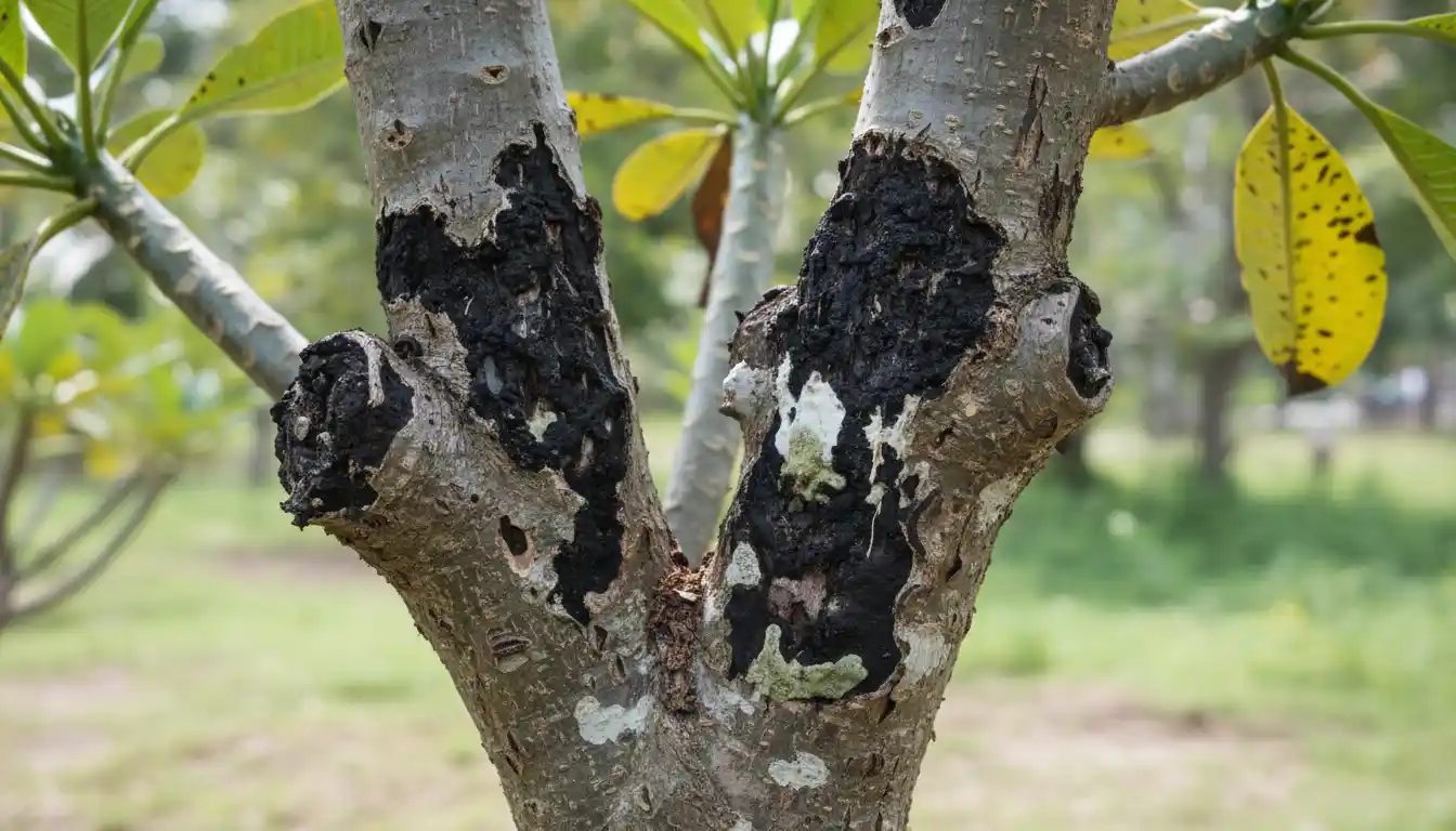 A close-up of a plumeria tree trunk showing signs of rot and disease, with dark, soft-looking patches on the bark.