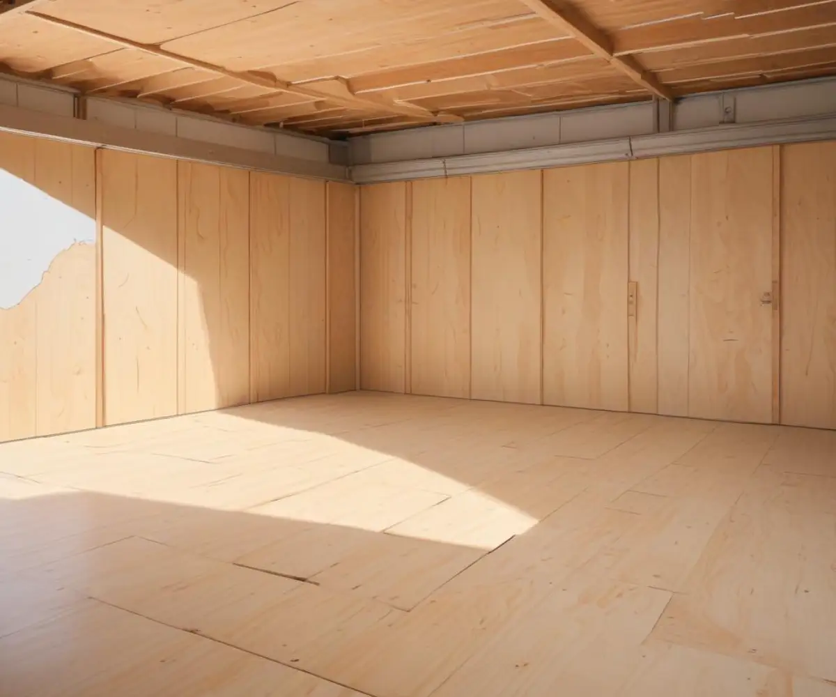 Light-colored plywood sheets laid as a finished floor in an empty residential garage.