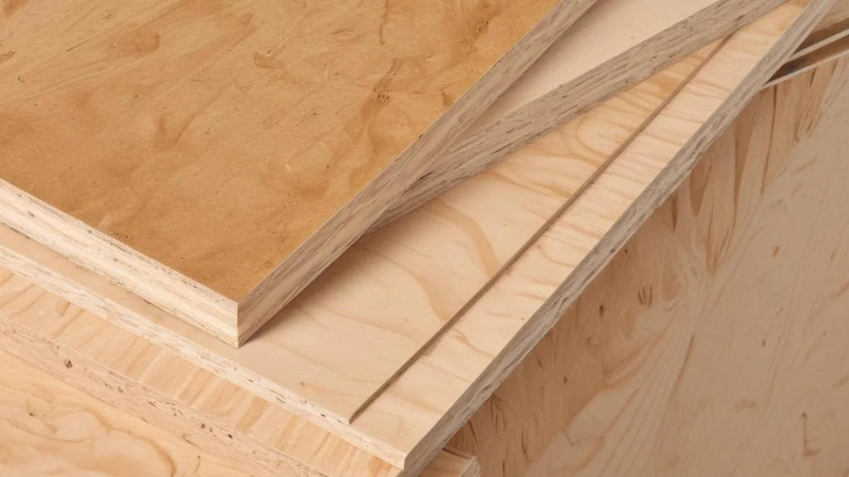 Side-by-side comparison of a smooth multi-layered plywood panel and a textured OSB sheathing panel on a wooden stud frame.