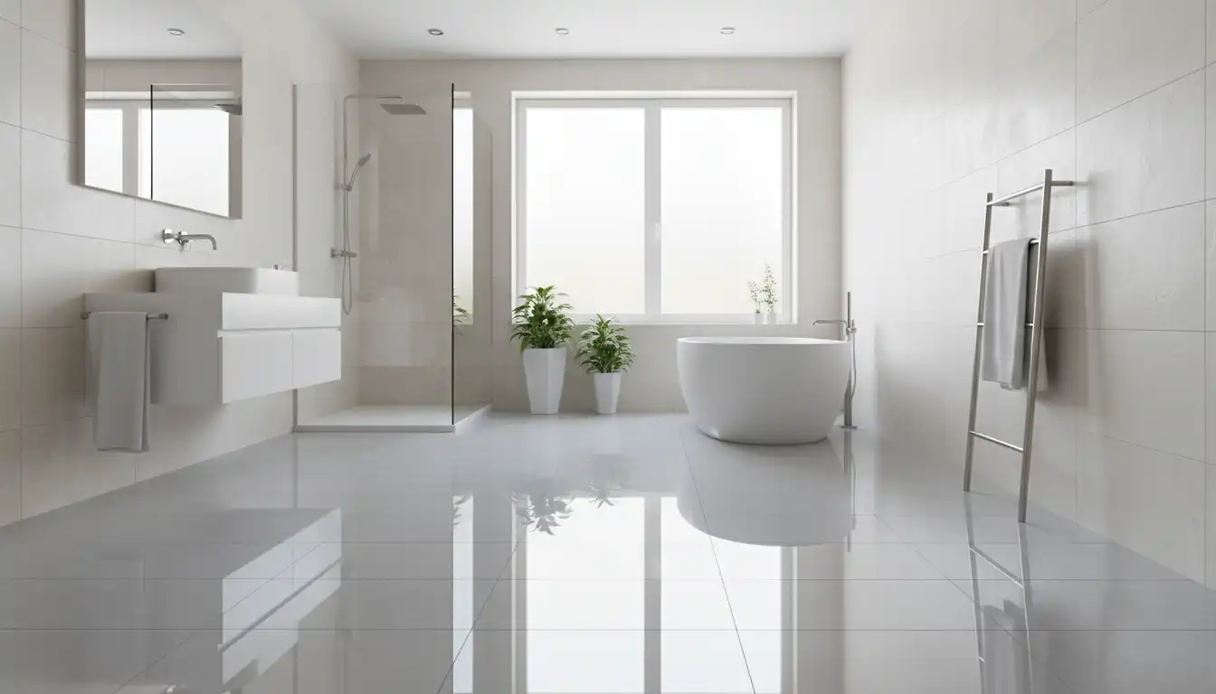 A high-gloss, reflective polished porcelain tile floor in a contemporary bathroom without any people, animals, or text.