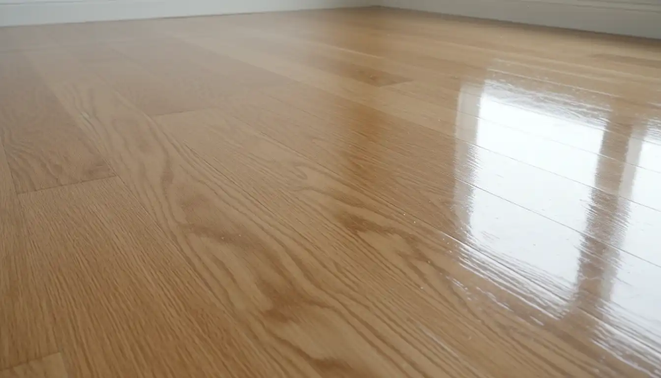 Glossy polyurethane finish on a newly sealed oak hardwood floor.