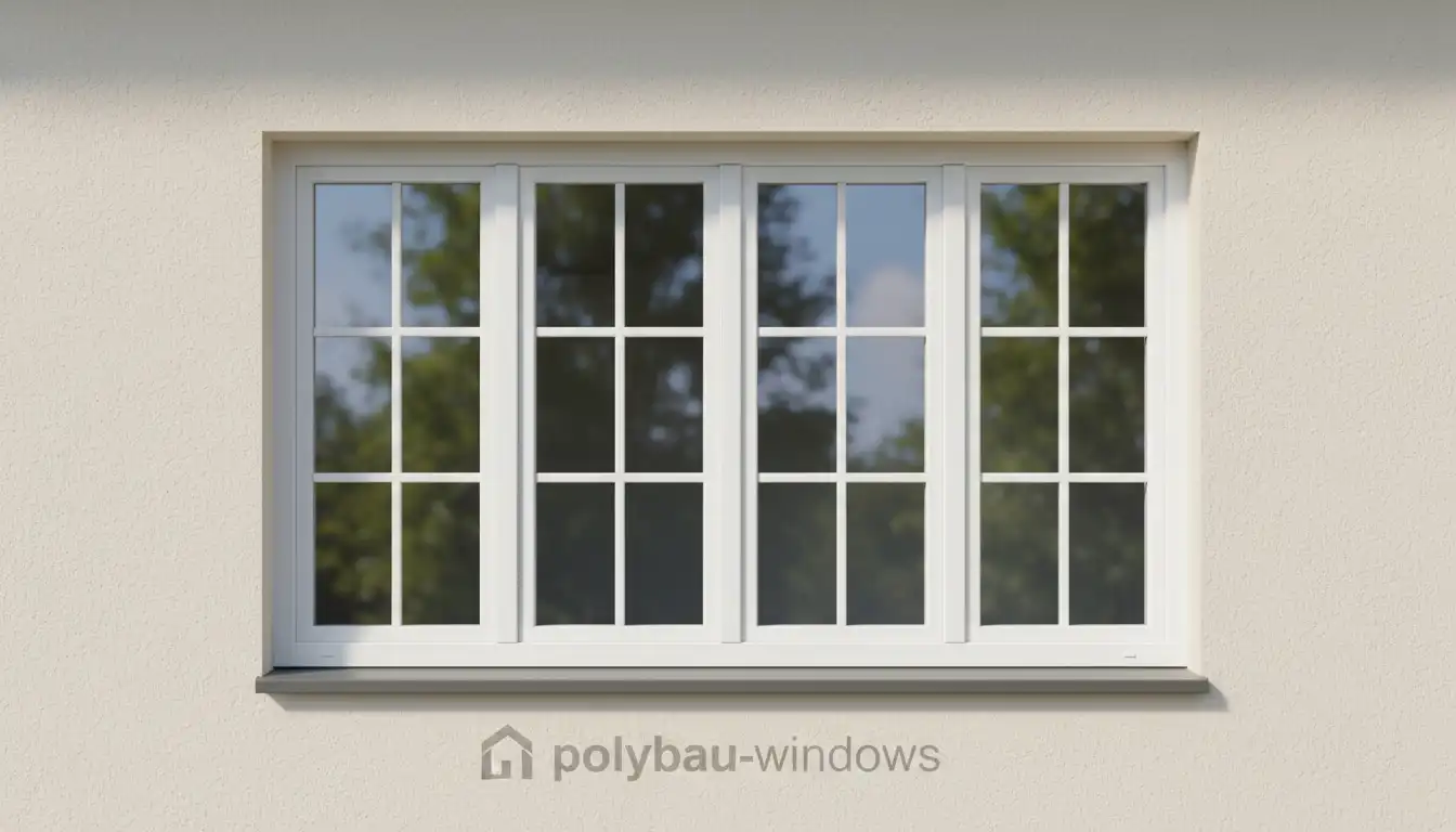 A modern white vinyl window with multiple glass panes installed in a light-colored residential wall.