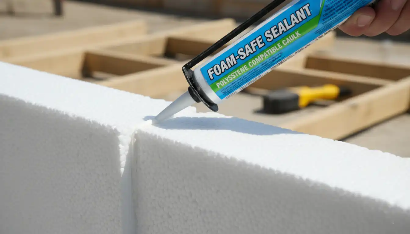 A tube of white, foam-safe caulk sealant being applied to the seam between two white polystyrene insulation boards on a construction site.