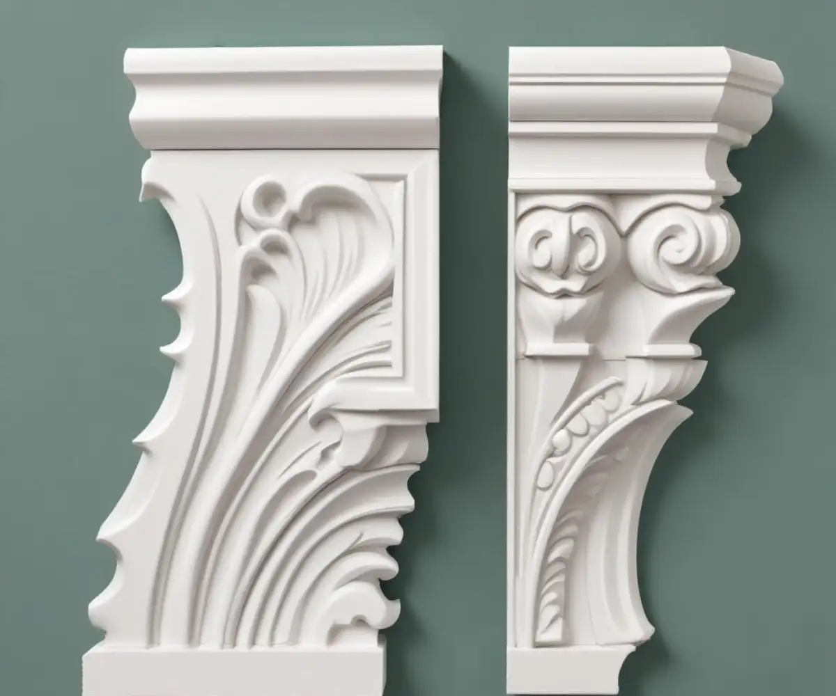 Side-by-side comparison of white polystyrene and PVC decorative crown moulding profiles on a neutral background.