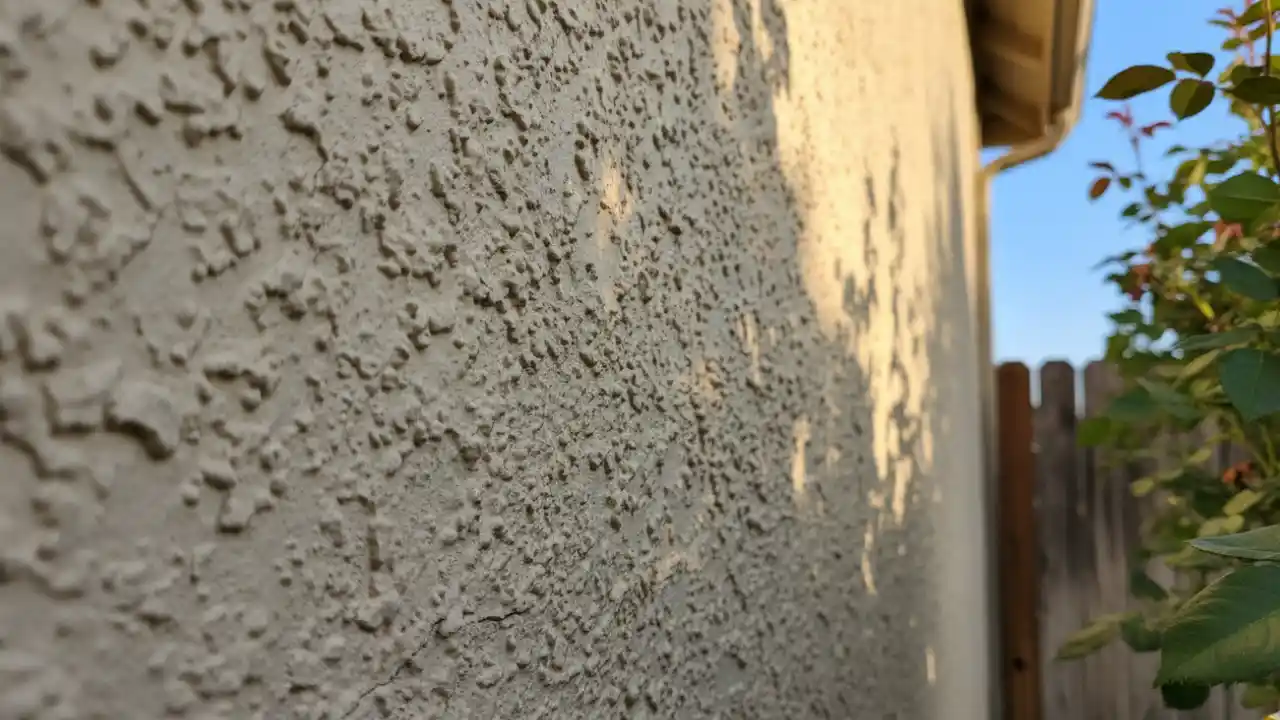 A close-up of a bumpy, textured popcorn stucco finish on the exterior wall of a building under direct sunlight.