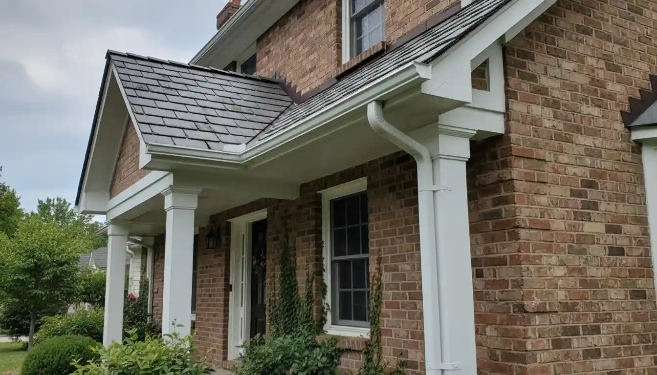 A white gutter system with a downspout installed on the edge of a portico roof with dark shingles and a brick house facade.