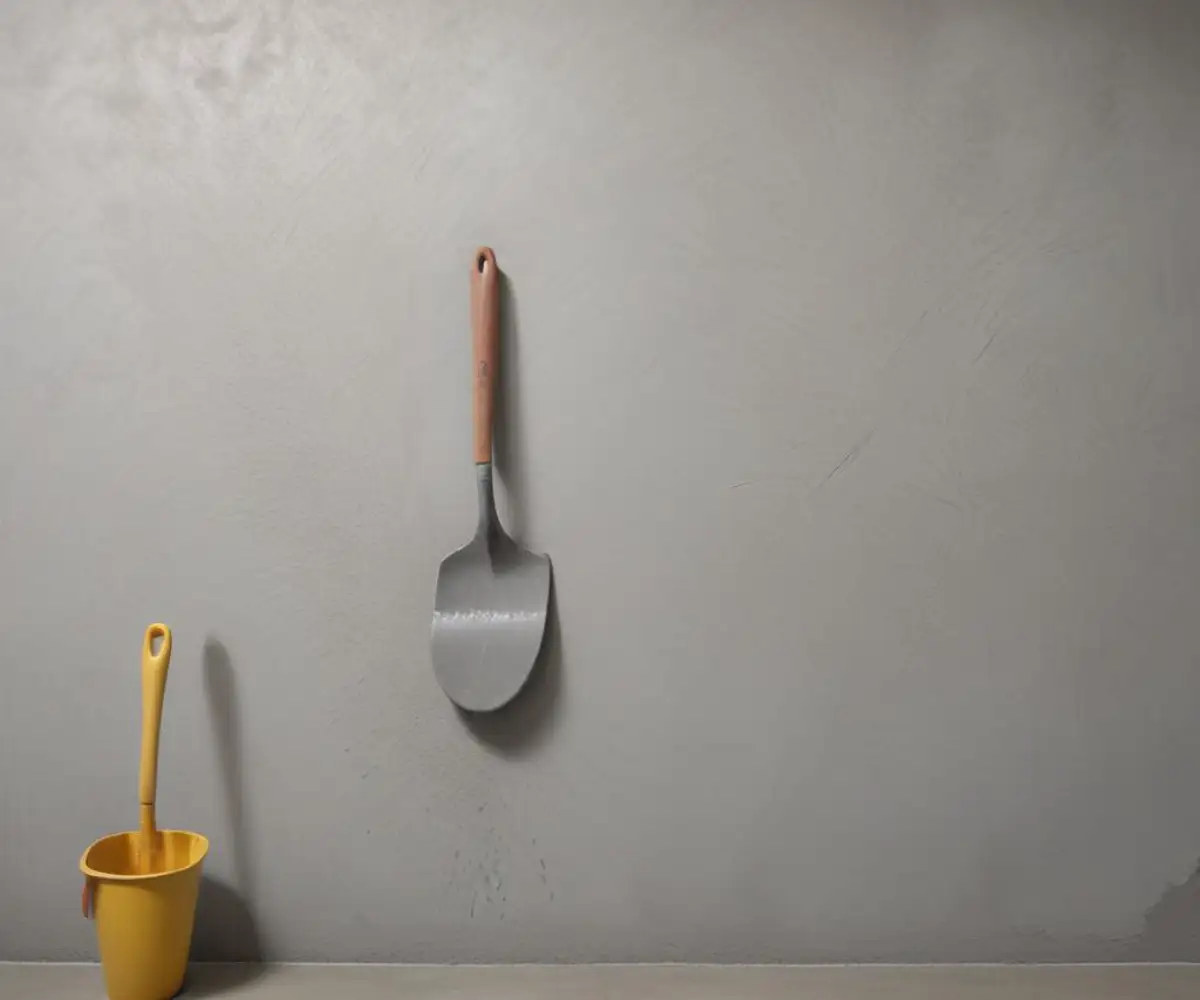 A smooth, freshly applied grey portland cement skim coat on a concrete wall, with visible trowel marks creating a subtle texture.