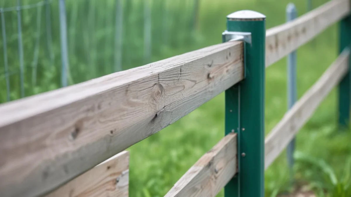A wooden fence post mounted on a galvanized steel pipe, with attached horizontal fence rails against a blurred green background.