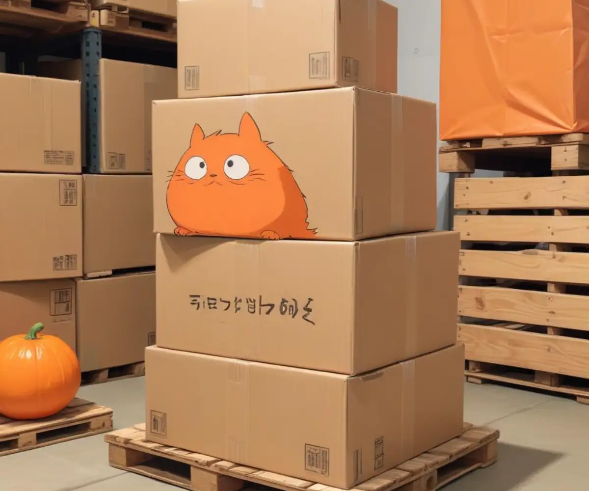 A stack of sealed cardboard boxes next to an orange plastic shopping bag on a wooden pallet.