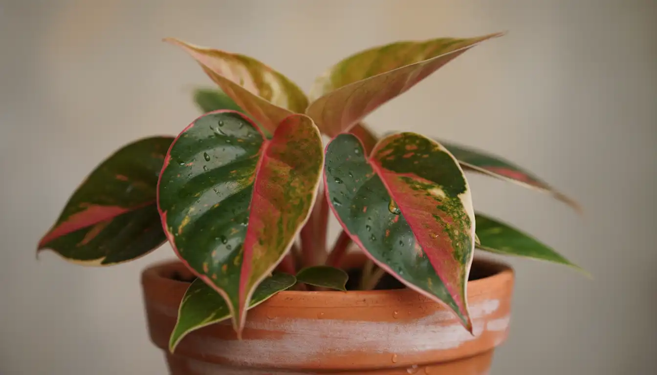 A close-up of a pothos plant with vibrant, variegated leaves showing shades of green and red, situated in a simple pot against a neutral background.