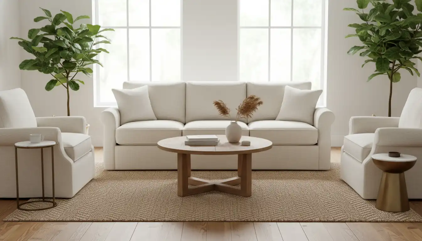 A Pottery Barn Cameron roll arm sofa with neutral-toned upholstery in a brightly lit living room.