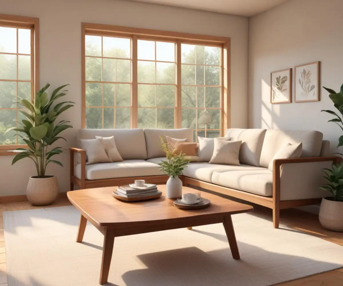 A well-lit living room with a neutral-colored sofa, a wooden coffee table, and decorative pillows.